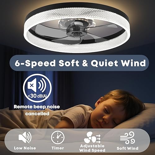 Miniatura 5 de Ventilador de techo de 20 pulgadas con luz, actualizado 2024, ventilador de perfil bajo, ventilador de techo empotrado, 6 velocidades, LED