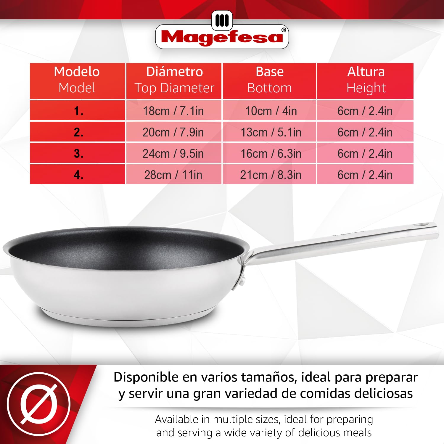 MAGEFESA VERSATILE Sartén de 28 cm de Diámetro Fabricada en Acero Inoxidable, Para Todo Tipo de Fuegos Incluido Horno hasta 200ºC, Con Antiadherente