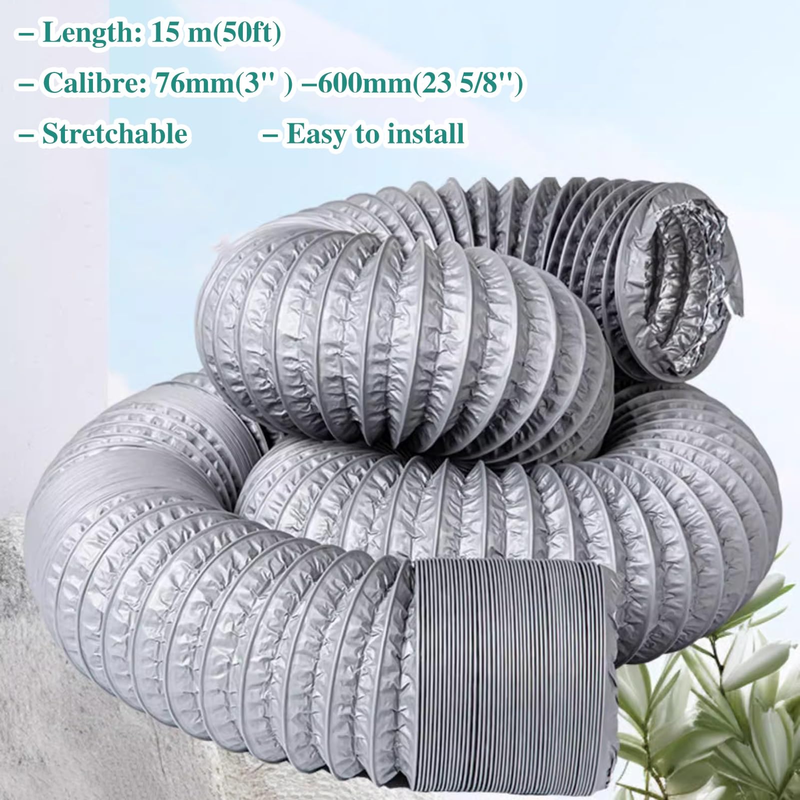 Tubo Flexible Manguera Flexible de Ventilación para Secadora de 50 Pies para Espacios Reducidos, Extensión de Conducto de Ventilación para Carpas de Cultivo en Interiores O Exteriores(White,90mm(3 1/2