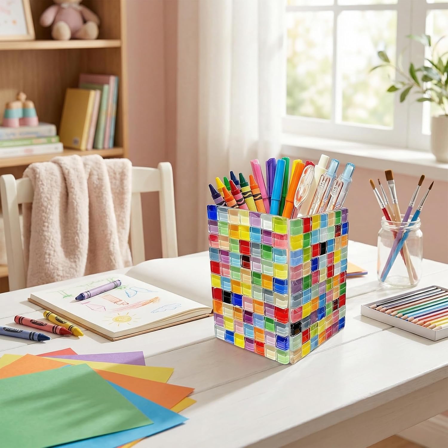 Mosaic Pen Holder Kit, DIY Acrylic Tile Craft Set Creates Desk Organizer, Mixed Color Crystal Pieces for Adults Beginners Home Decor