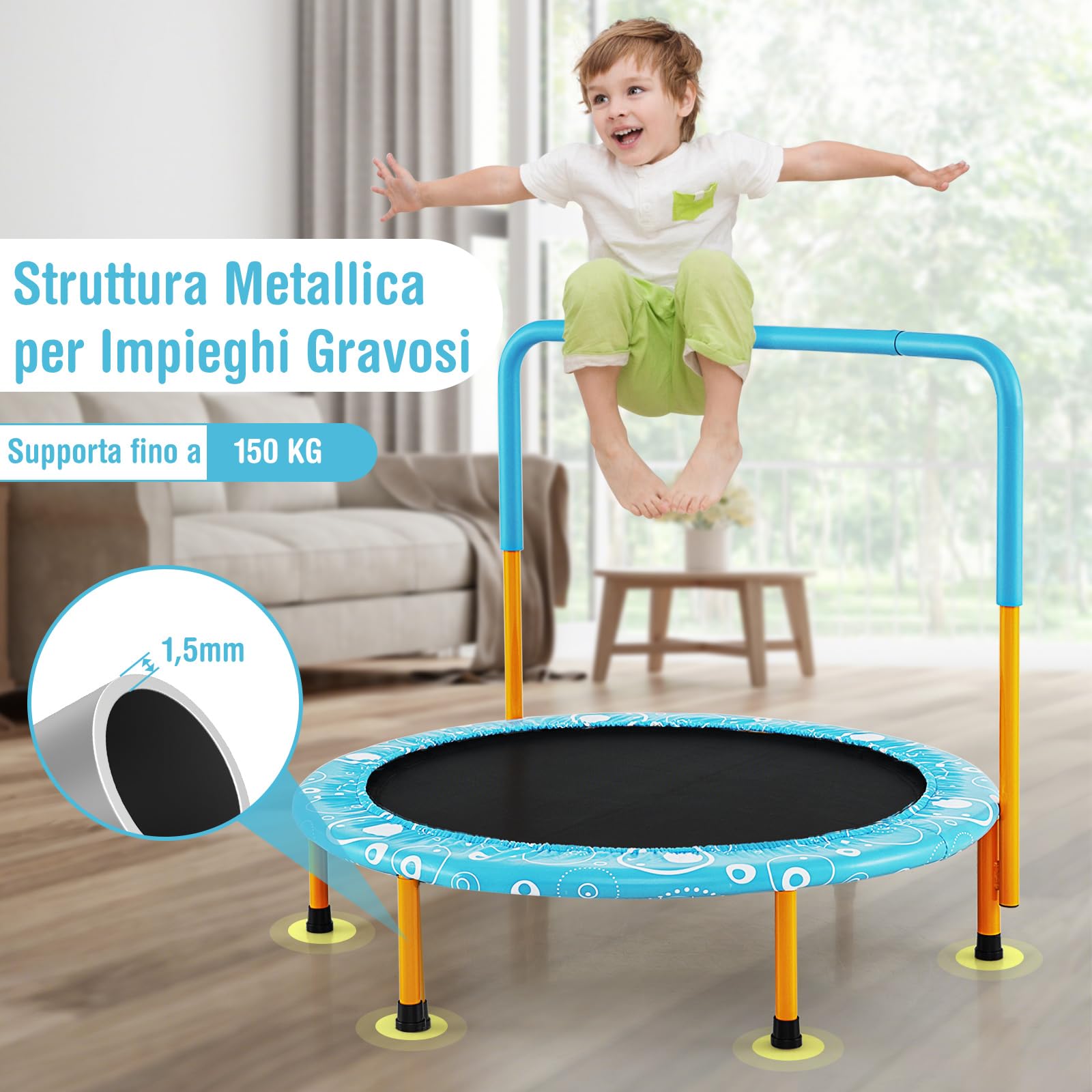 COSTWAY Trampolino Elastico per Bambini, Tappeto Elastico Pieghevole per Bambini con Copertura, Cuscinetti Antiscivolo e Maniglia, Ideale per Interno ed Esterno, Carico Massimo 150 kg