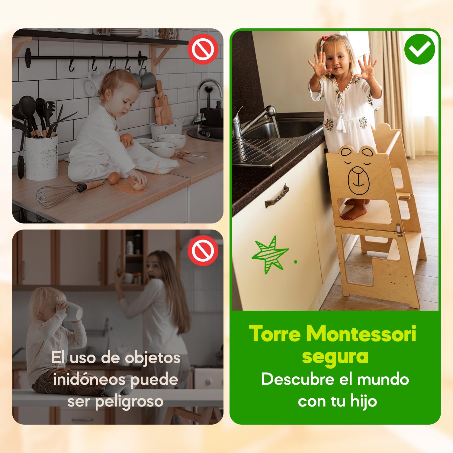 KAUZA Torre de Aprendizaje Montessori Plegable para Niños – Ajustable en Altura, Transformable en Mesa y Silla, Ideal para la Cocina, Juegos y Actividades, Seguridad Garantizada, Madera Natural