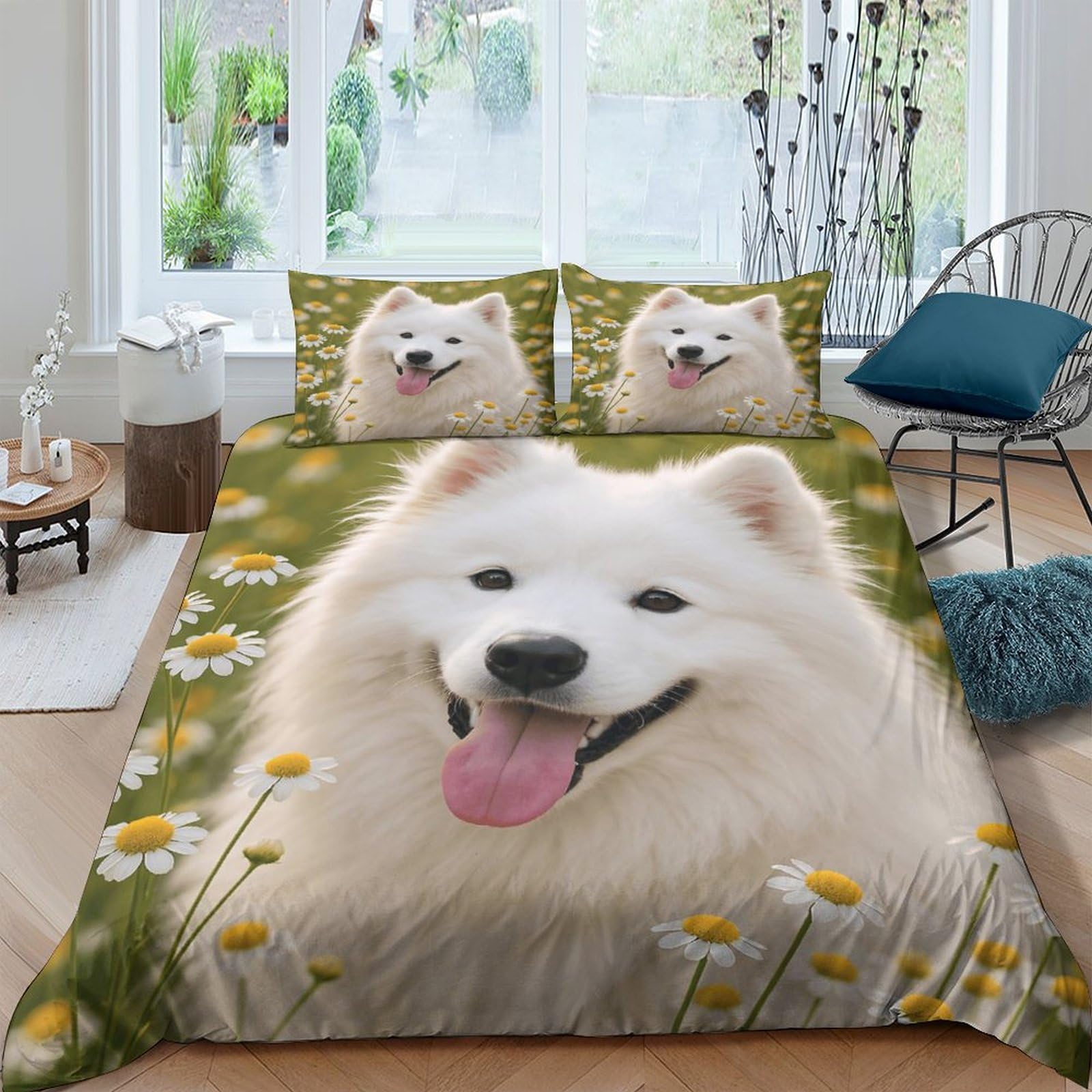 Ctjqhvkz Style-1 3D Printed White Samoyed Dog Fitted Sheet Microfiber Soft Mattress Cover For Bedroom Dorm Decor Dustproof Washable Single（135X200cm）