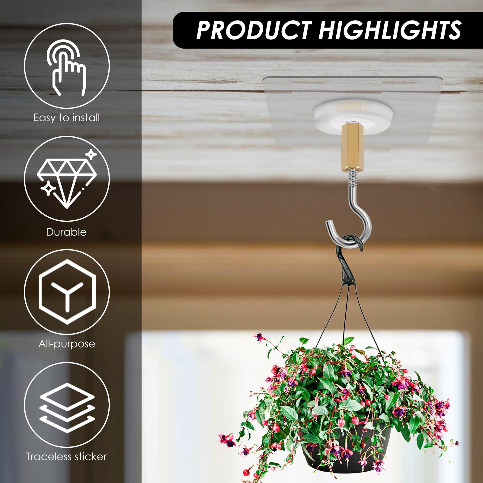 Gancio adesivo da soffitto - Ganci adesivi resistenti all'acqua per appendere piante, luci e decorazioni - Strumenti di decorazione per la casa per piante, campanelli a vento e palloncini