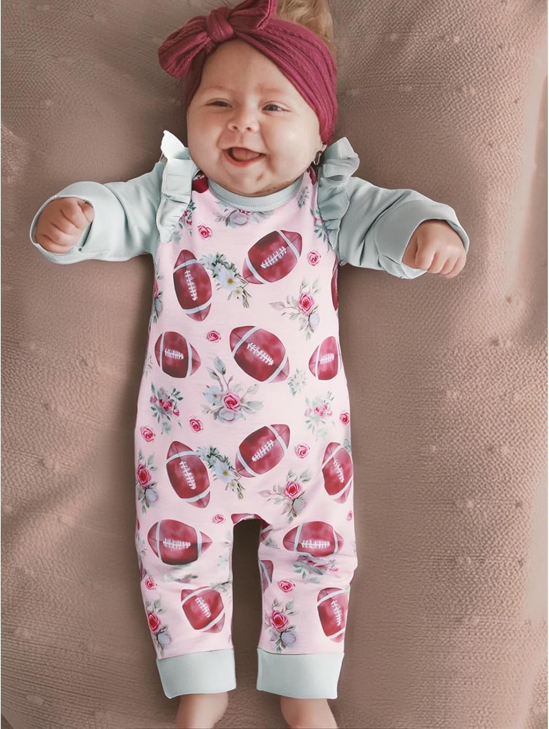 GLIGITTR Baby Girls Football Outfits Set Infant Game Day Floral Bodysuit Football Fans Lover Onesie Romper Jumpsuits+Headband - Image 2