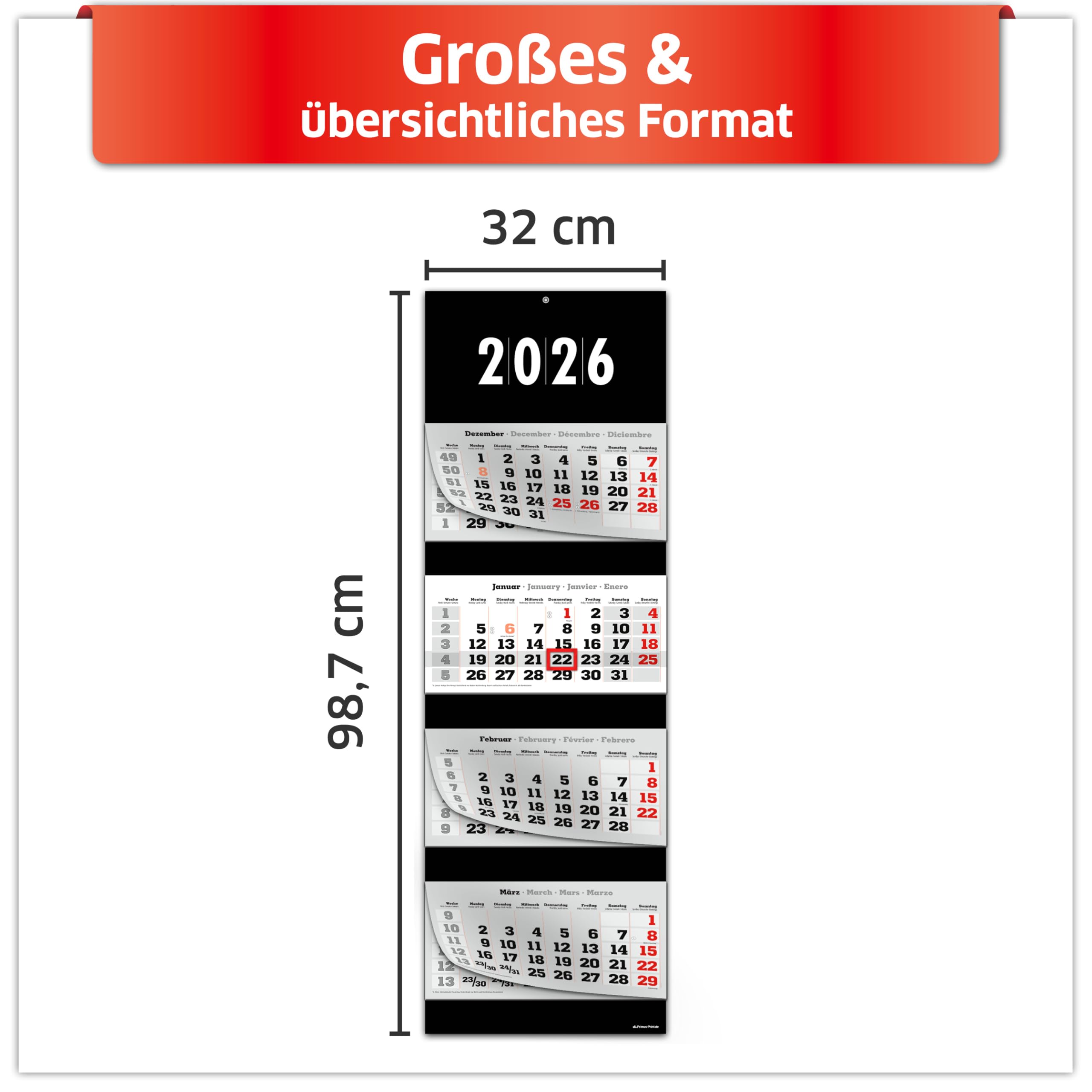 PRIMUS PRINT Calendario XXL 2026 – Calendario de pared – Calendario de pared de 4 meses – con fecha deslizante, calendario para colgar, incluye días festivos y vacaciones, varios diseños – [1 x negro]
