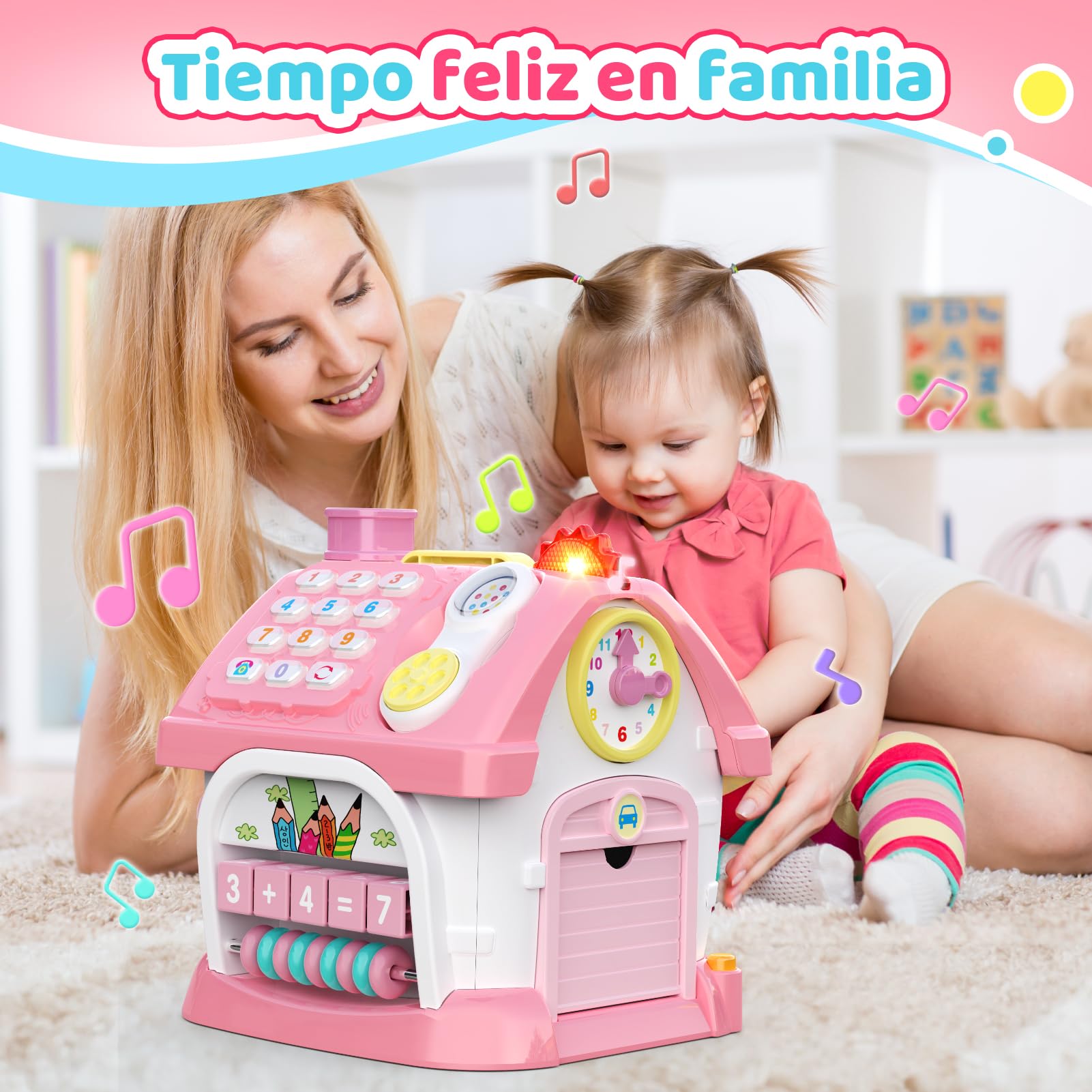Juguetes Niñas 1 Año: Juegos Sensoriales Educativos para Niñas 1 2 3 Años, Juguete Montessori 6 en 1 Multifunción con Música, Reloj, Luz, Teléfono y Coche, Regalo Bebe 1 Año para Cumpleaños (Rosa)