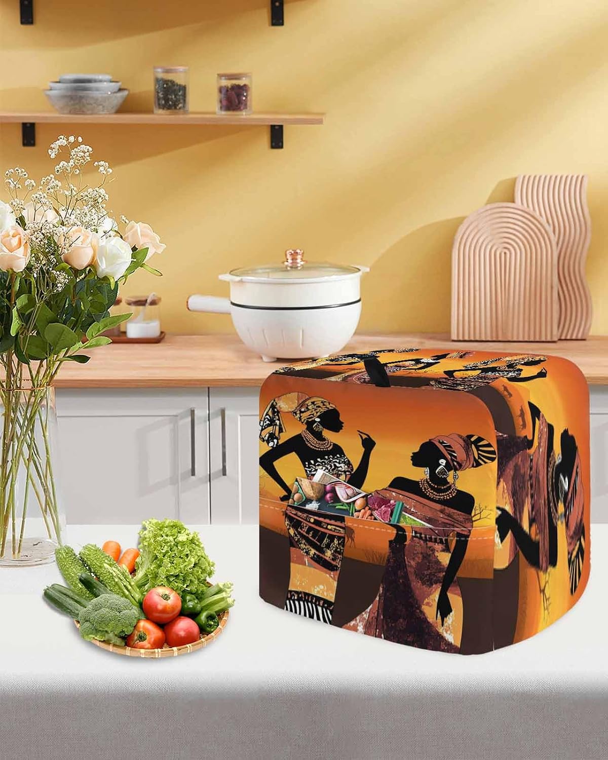 Black Orange Girls Boho Stand Mixer Cover with Storage Pocket, Waterproof Kitchen Mixer Covers, Vintage Ethnic Abstract Art Kitchen Appliance Dust Cover Compatible with 4/4.5 Quart Mixers