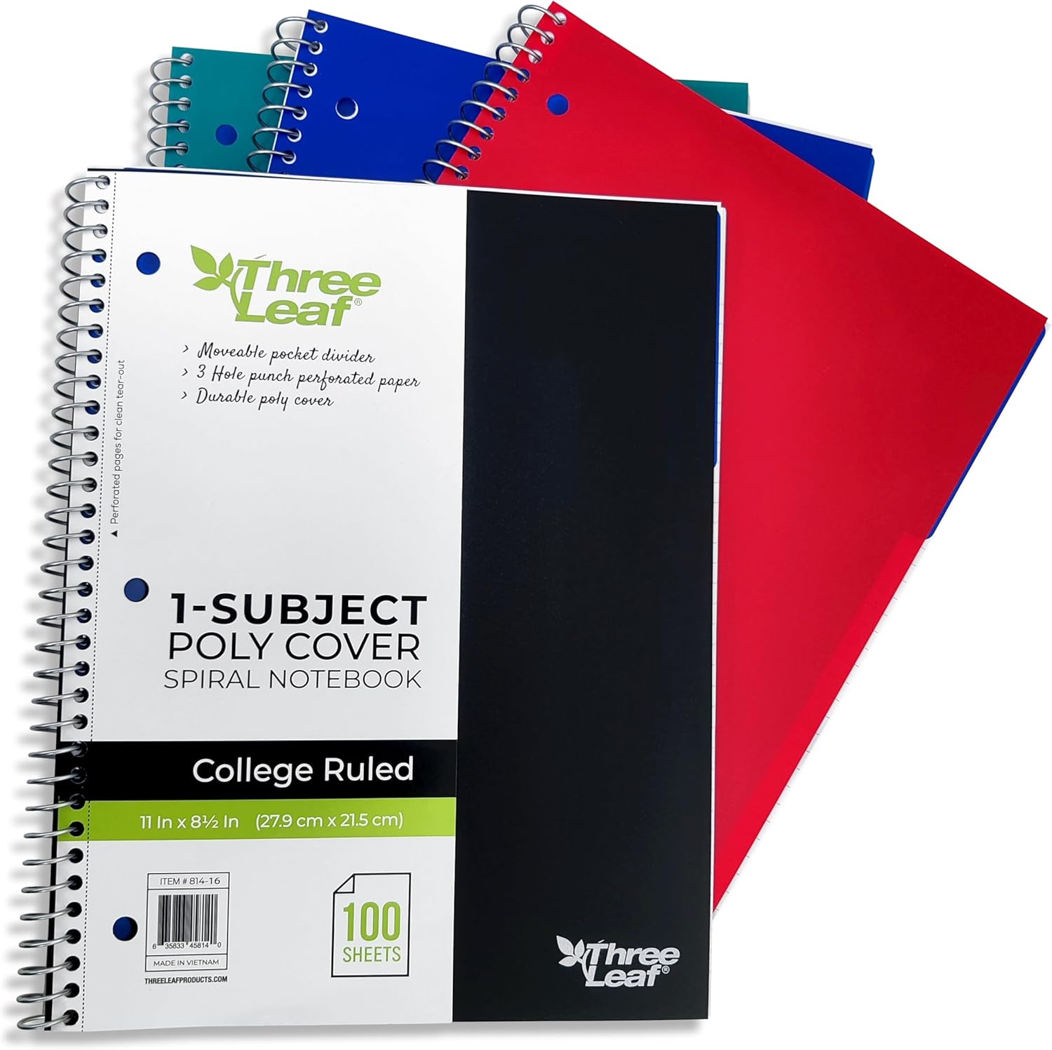 three leaf 70 Sheets College Ruled 8" X 10 1/2" Spiral Notebook, Pack of 48, 1 Subject, Assorted Colors, Spiral Notebook For Student Office