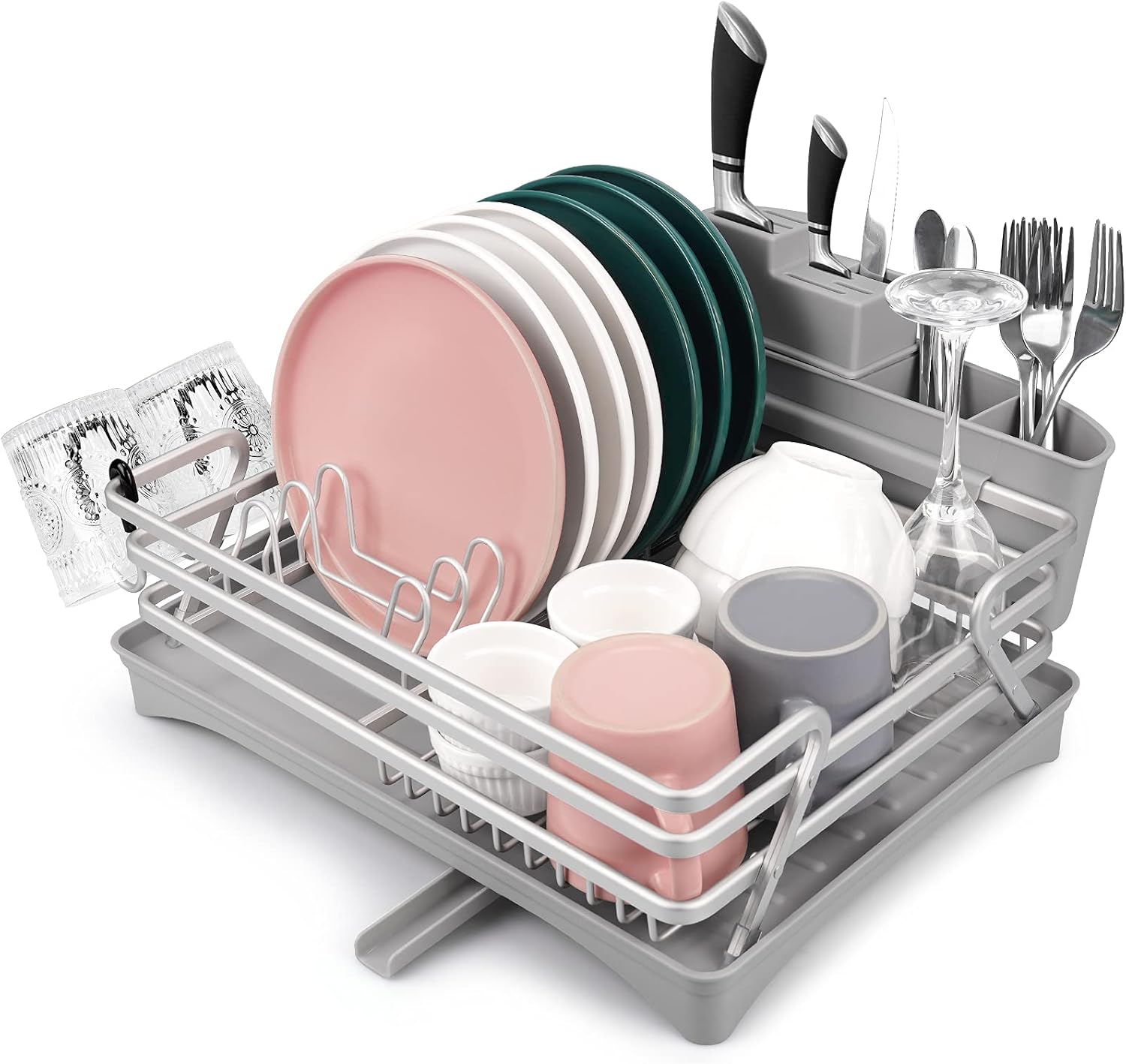 HIPPIH Dish Drying Rack with Drainboard, Aluminum Compact Rustproof Dish Drainer with Adjustable Swivel Spout, Removable Utensil Dish Racks for Kitchen Counter