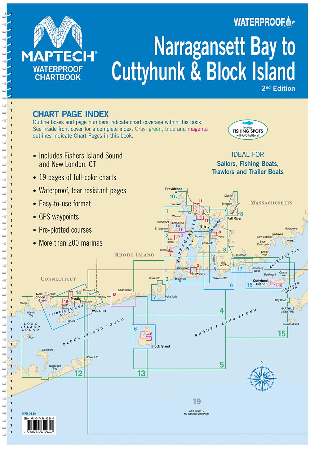 MAPTECH Waterproof Chartbook, Narragansett Bay to Cuttyhunk, 19 Full-Color, Tear-Resistant Chart Pages, 12 x 17 Inches, Spiral Bound, GPS Waypoints, Pre-Plotted Courses, Over 200 Marinas      Spiral-bound – Print, January 1, 2024