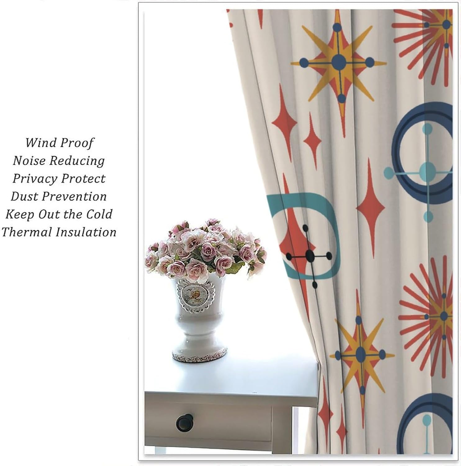 Retro 50s Curtains, Mid Century Modern Geometric Stars Pattern Blackout Window Treatments, Rod Pocket Thermal Insulated Drapes 2 Panel Sets for Bedroom Living Room, 52" W X 84" L
