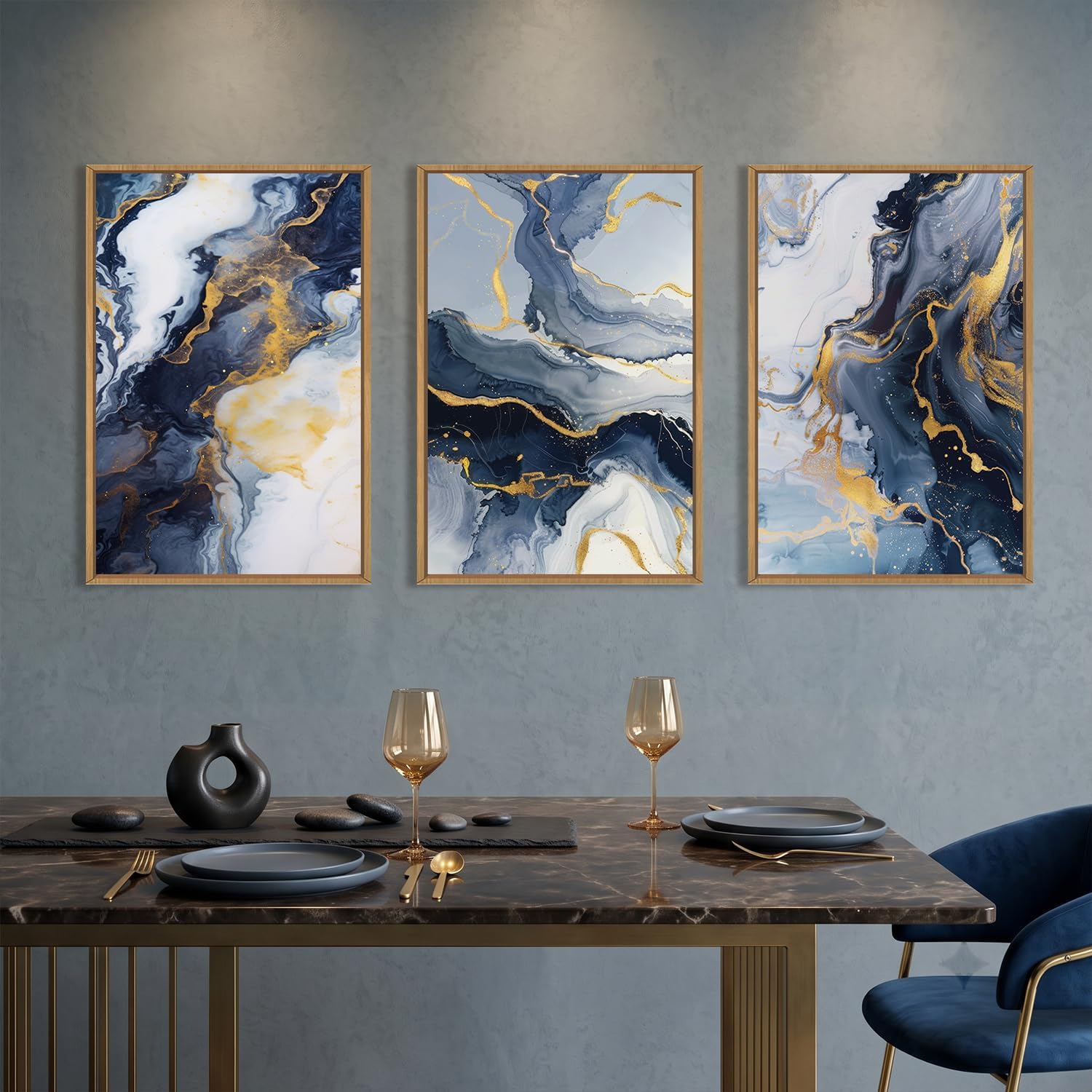 Abstract Navy Blue and Gold Framed Canvas Wall Art Set-16"x24"x3 image 3