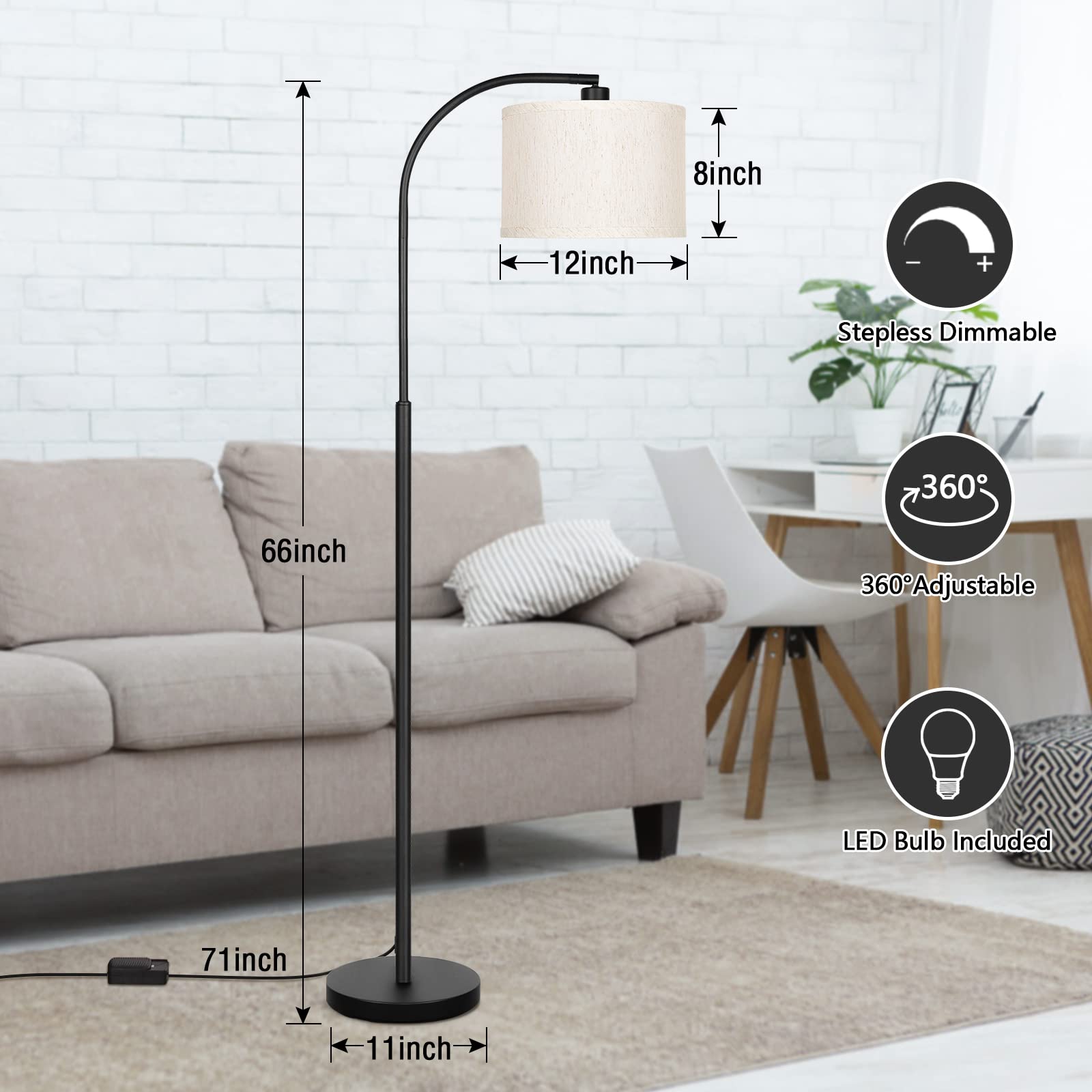 Boncoo Modern Floor Lamp for Living Room, Arc Floor Lamp with Adjustable Hanging Shade, Black Arched Light with Dimmable Pedal Switch for Bedroom Study Room Office, 9W 3000K LED Bulb Included