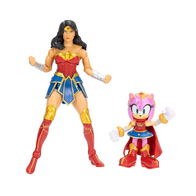 DC x Sonic - Amy como Mujer Maravilla, Multipack de Figuras de acción, Licencia Oficial Jakks Pacific…