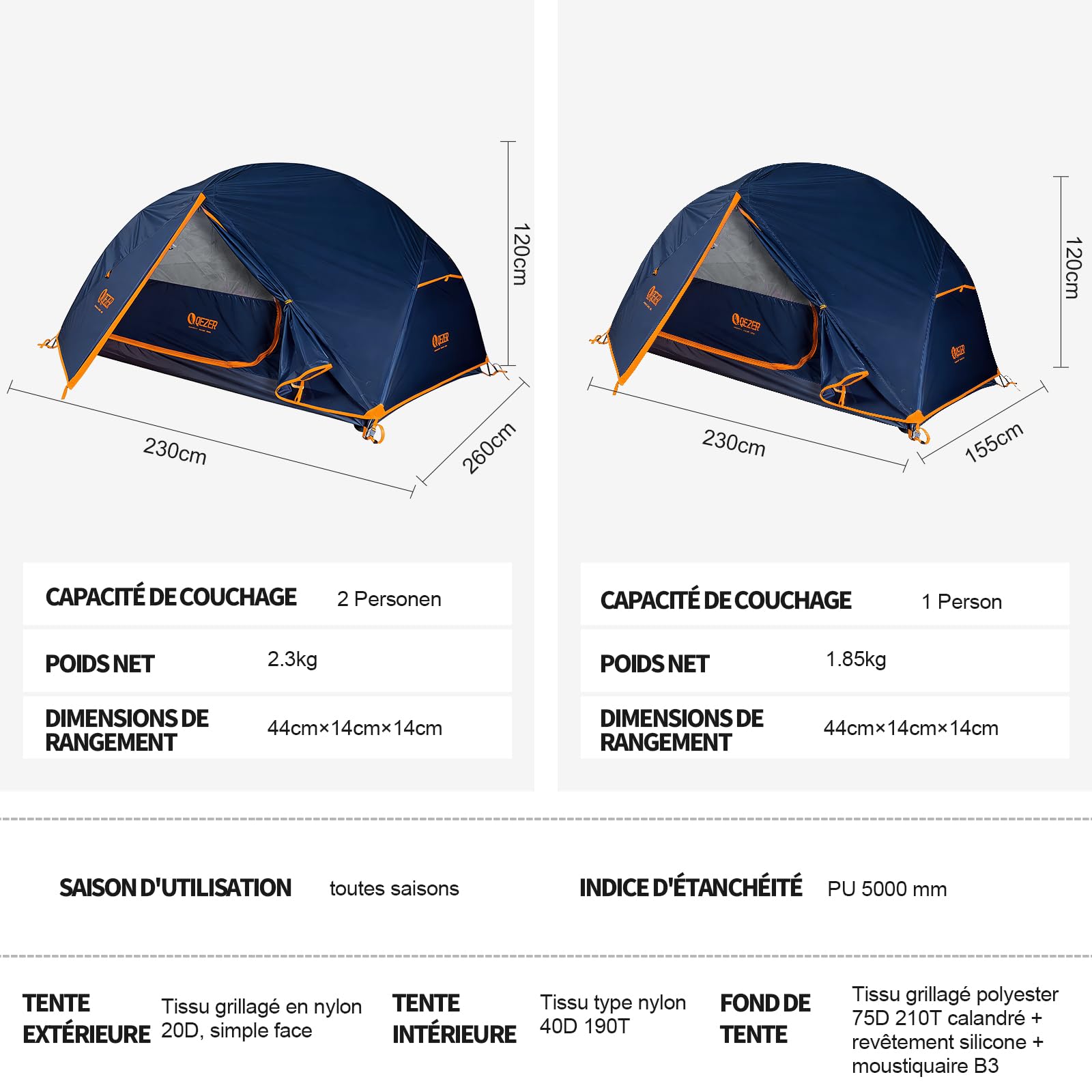 Tente de Camping, Tente dôme, pesant 1,85/2,3 kg,adaptée pour 1 à 2 Personnes, imperméable et Coupe-Vent, adaptée à la randonnée, Camping