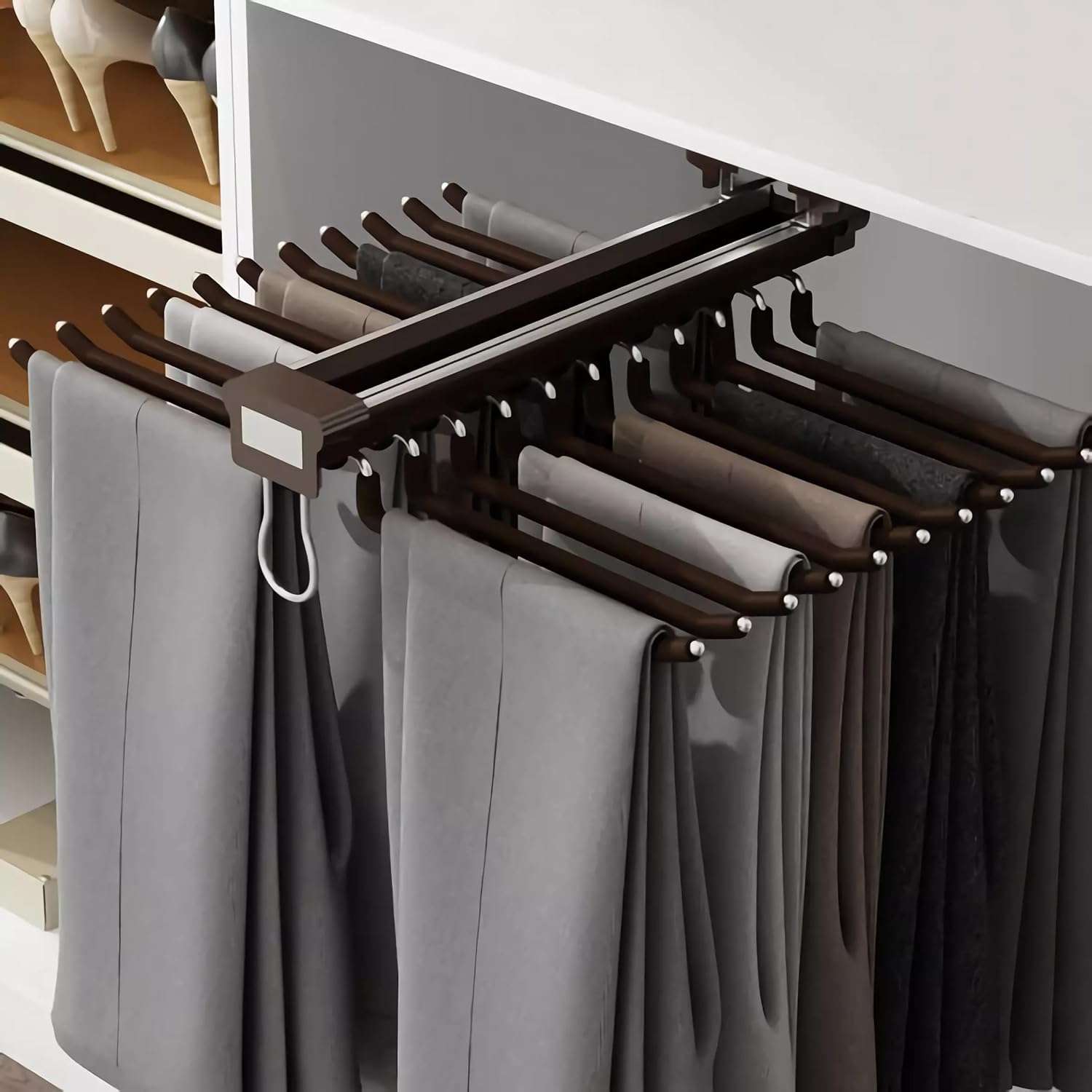 myoyay pull out trousers rack 22 arms steel pull out pants rack pants hanger bar clothes organizers for closet for space saving and storage maximum load 33lbs beige 23.4x18x5.7inch brown