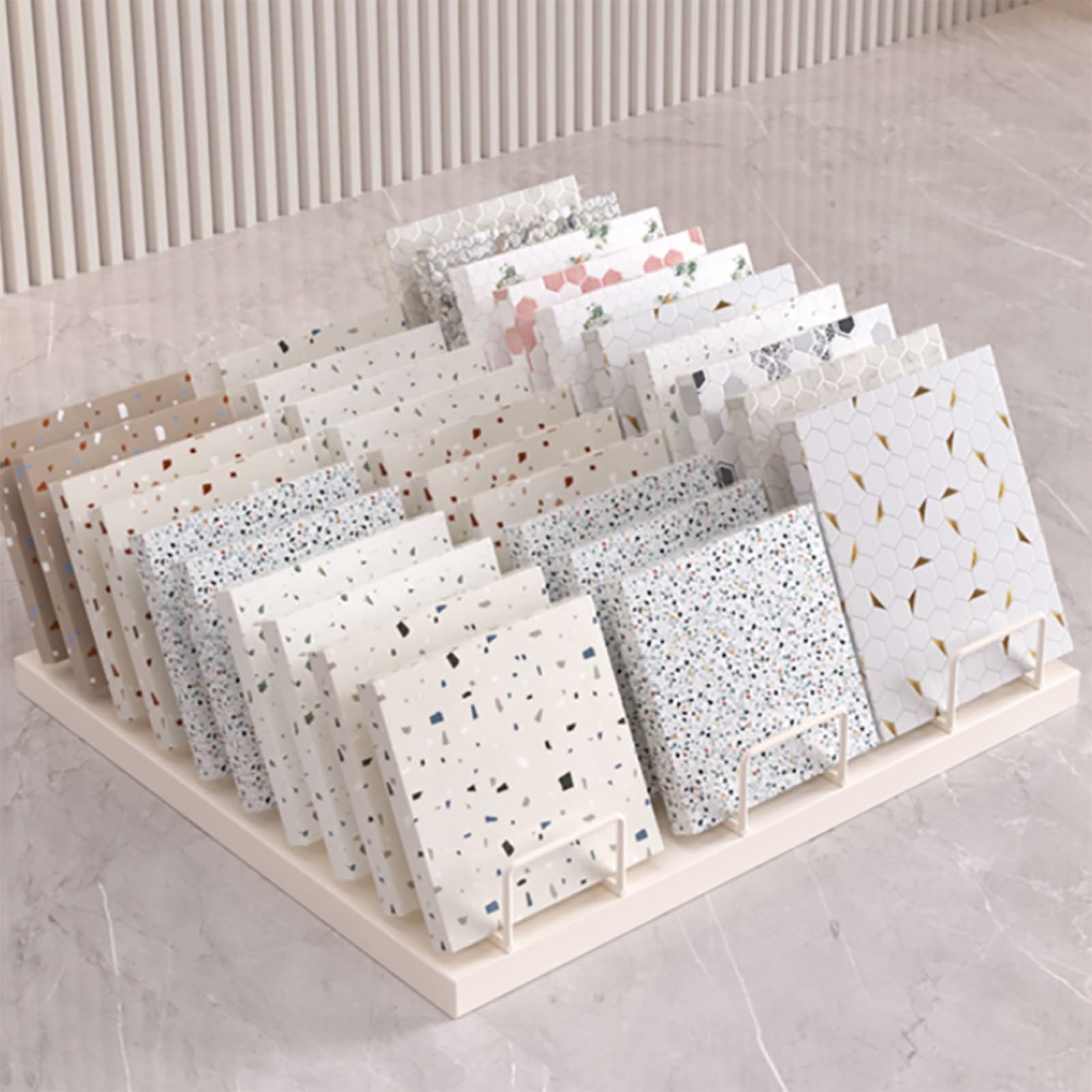 YNBSHGAA Metal Tile Display Rack for Porcelain Samples, Desktop Stand for Business Exhibit & Booth, Holder for Building Material Showcase,Offwhite
