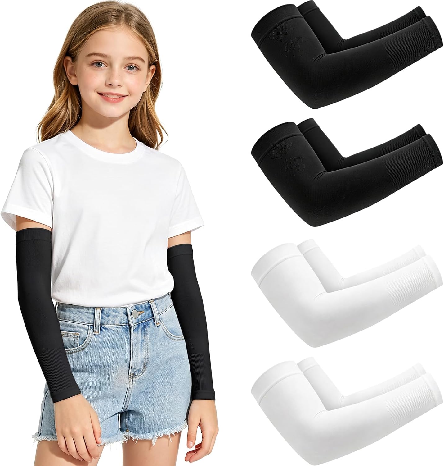 ROXUN 4 Pairs Arm Sleeves for Kids UV Sun Protection Cooling Compression Arm sleeve Youth for Volleyball Baseball Football