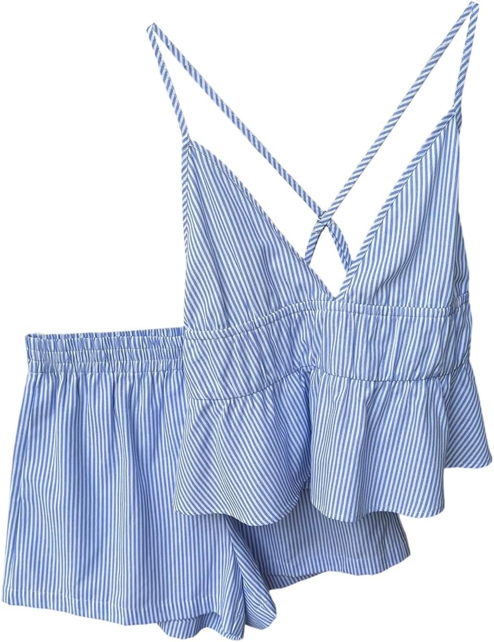 SOLY HUX Women's 2 Piece Summer Vacation Outfits Striped Ruffle Hem Cami Tops and Shorts Set Blue Striped Small - Image 3