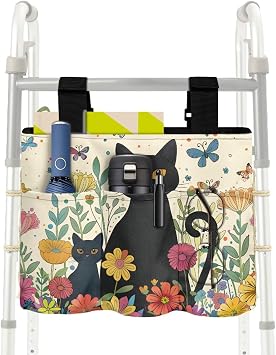 Walker Bag for Seniors Elderly Multi-Purpose Folding Walker Organizer Pouch Accessories Bag with Big Capacity Best Gift, Cat Floral Not Fit Rollator Walkers