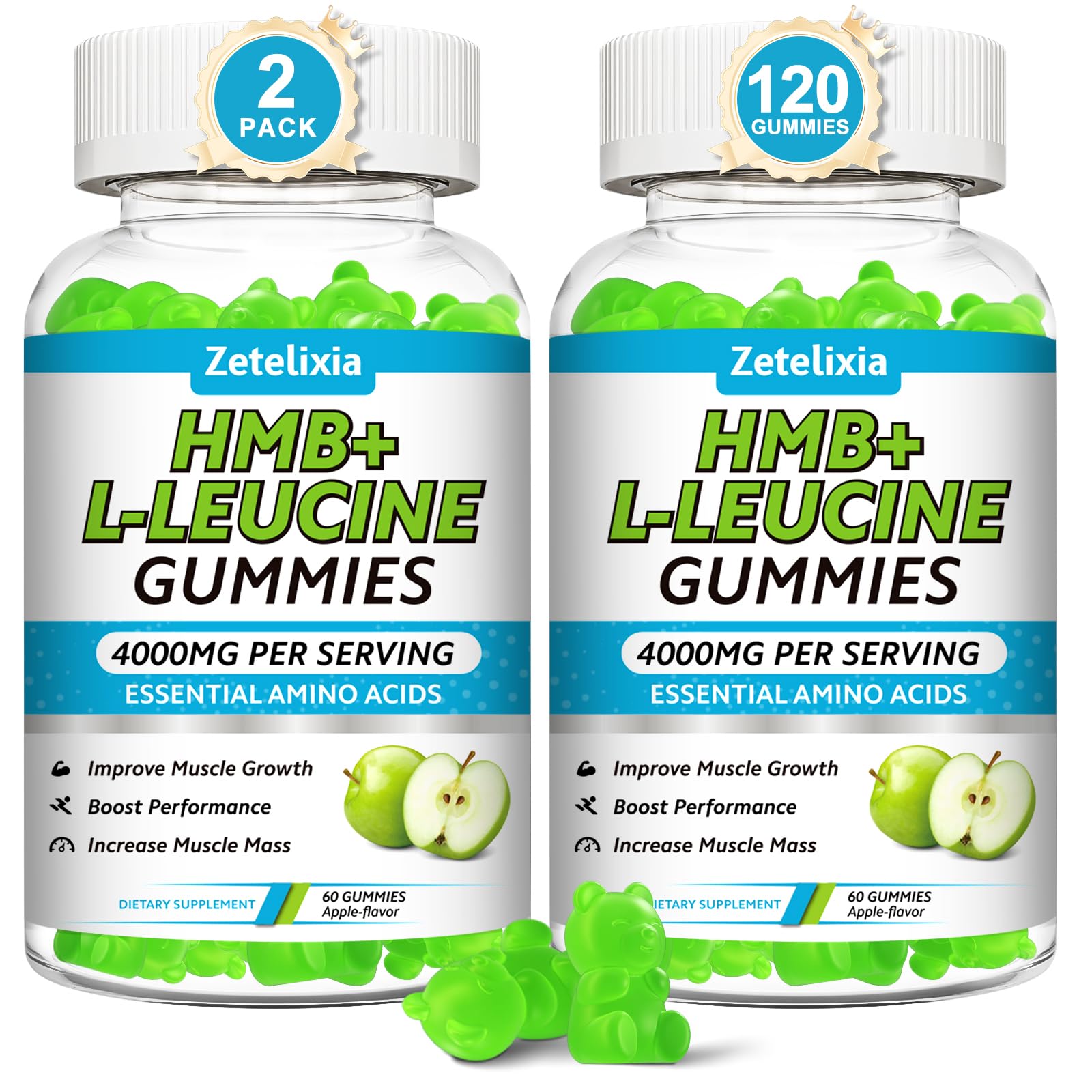 HMB and L-Leucine Gummies, 4000mg HMB and Leucine Supplements Amino Acid Gummies for Men & Women, Support Muscle Growth, Muscle Relief and Workout Recovery, Sugar-Free, Vegan, Apple Flavor, 120 Count 60 Count (Pack of 2)