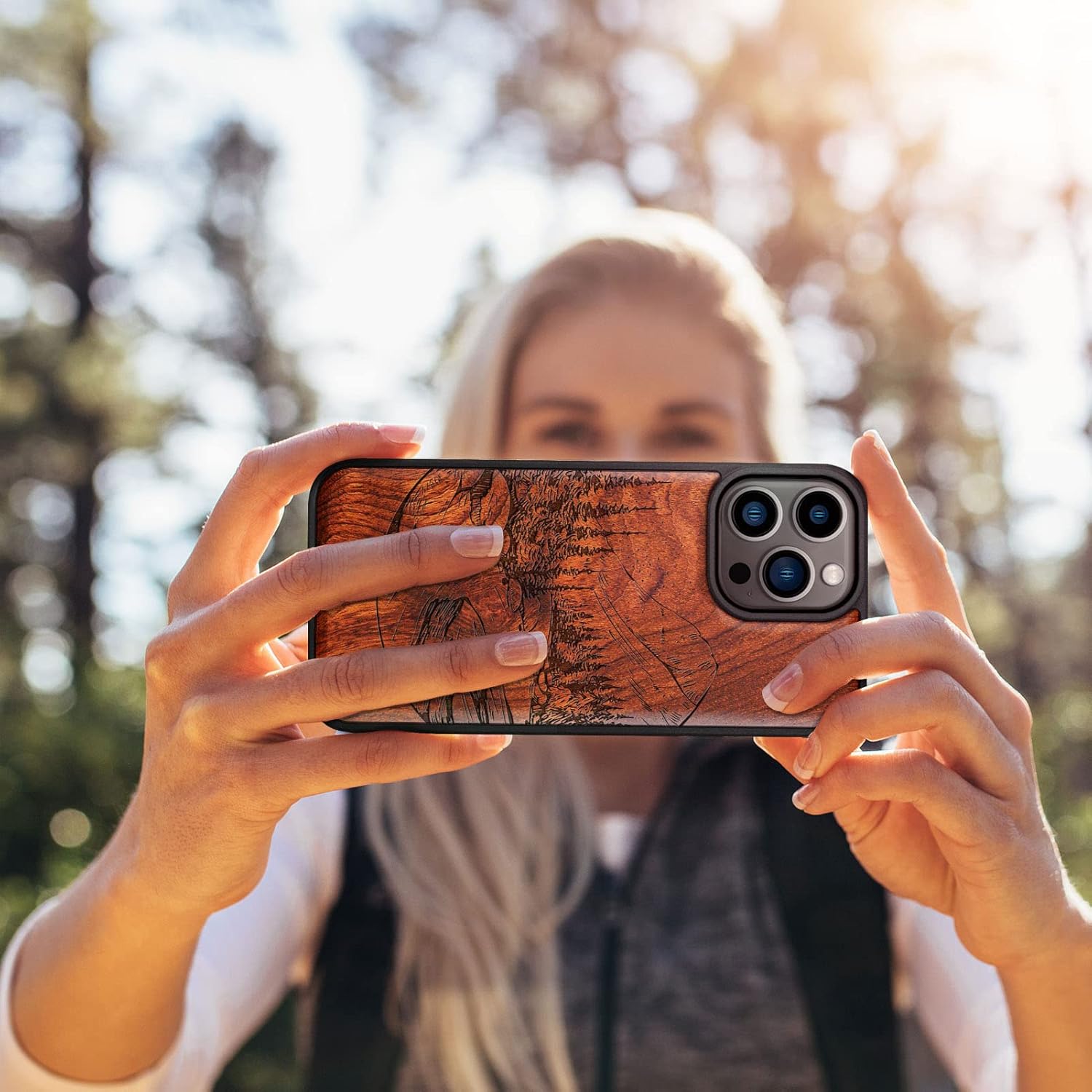 Carveit Magnetic Wood Case for iPhone 14 Pro Max [Natural Wood & Black Soft TPU] Unique & Classy Wooden Shockproof Protective Cover Compatible with magsafe (Natural Landscape -Rosy)