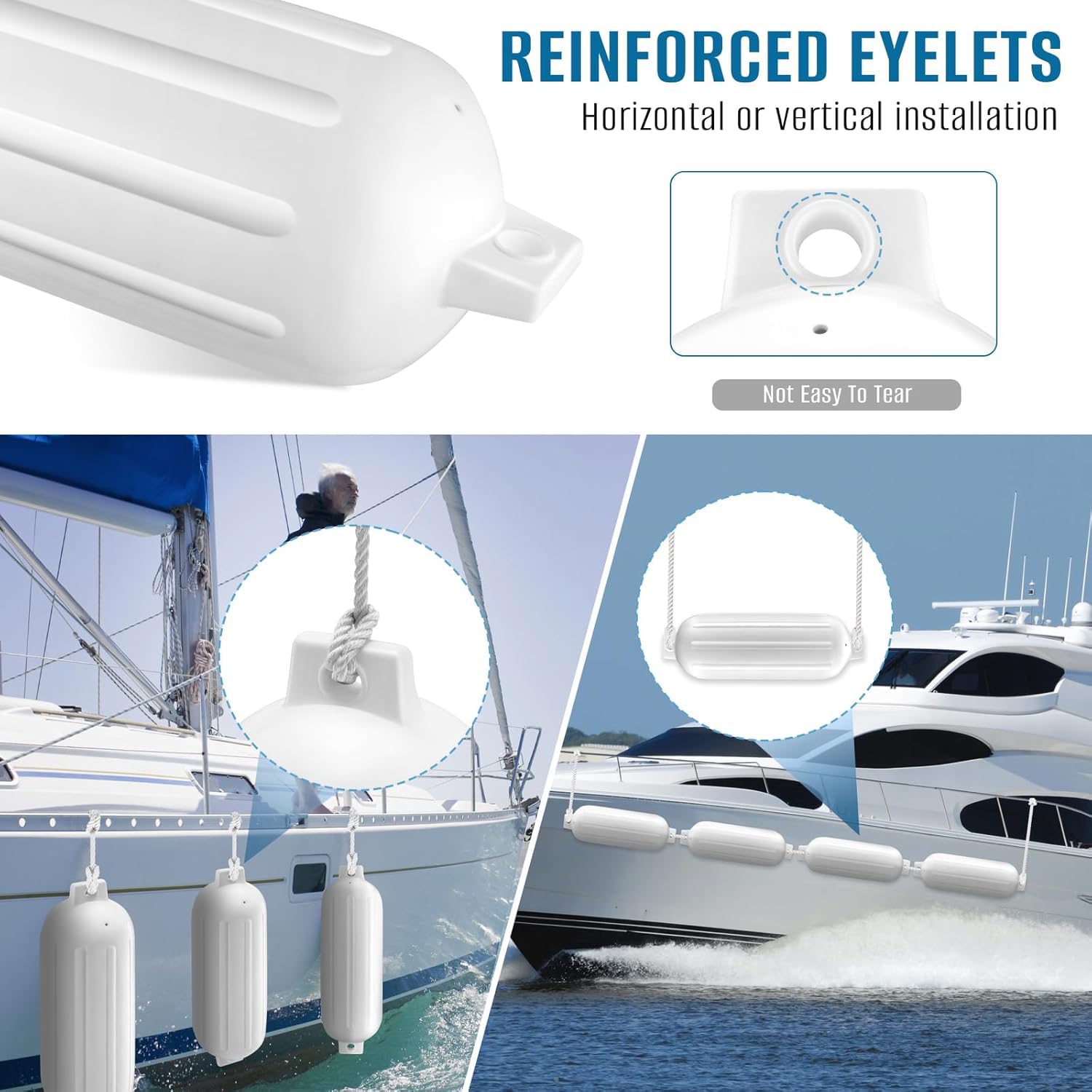 NEWFUN Set de 4 Pare Battage pour Bateau,PVC 40x10cm Garde-Boue De Bateau, Lignes d'ailes Incluses, Garde-Boue Nervuré Gonflable avec Trous Centraux,Convient aux Bateaux de 3 à 6 Mètres