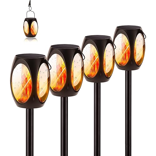 NENRENT Outdoor 96 LED Solar Flame Torch Lights Hanging Solar Lantern with Flickering Flame&Waterproof,Solar Path Lights Landscape Lights Garden Decorative for Yard Tree Fence Patio Pathway(4 Pack)