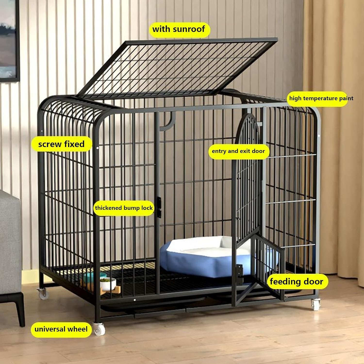Dog Crate Cage for Within 30Kg Small, Medium and Large Dogs Heavy Duty Dog Kennel Pet Playpen Indoor Outdoor with Door Lock,Removable Tray & 4 Wheels (Black)