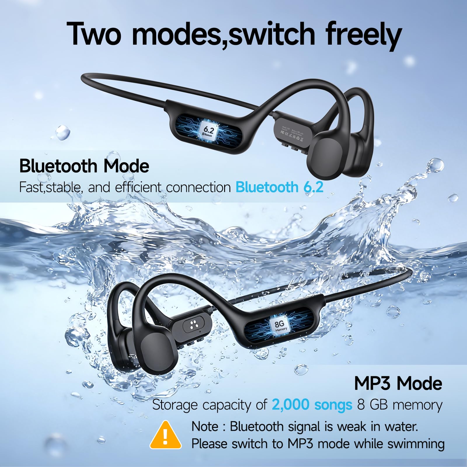Cuffie subacquee, impermeabili IP68, a conduzione ossea, 8 G, MP3, orecchio aperto, per nuoto, ciclismo, corsa, con microfono, Bluetooth 6.2