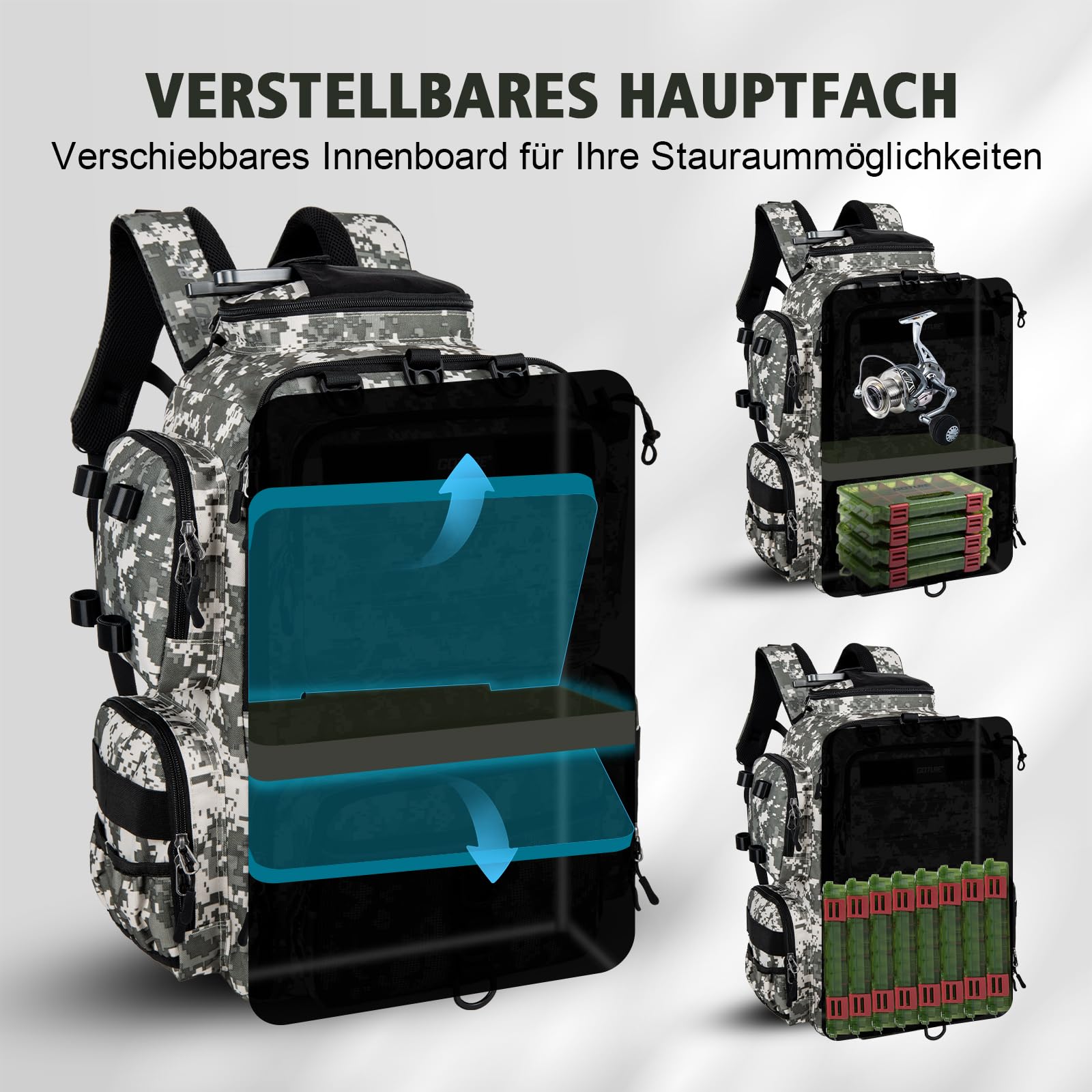 Goture Mochila de pesca de 45 litros con dos soportes para cañas y protector de lluvia, tela Oxford 600D, bolsa impermeable para aparejos de pesca con compartimento ajustable, Estilo A: Motif