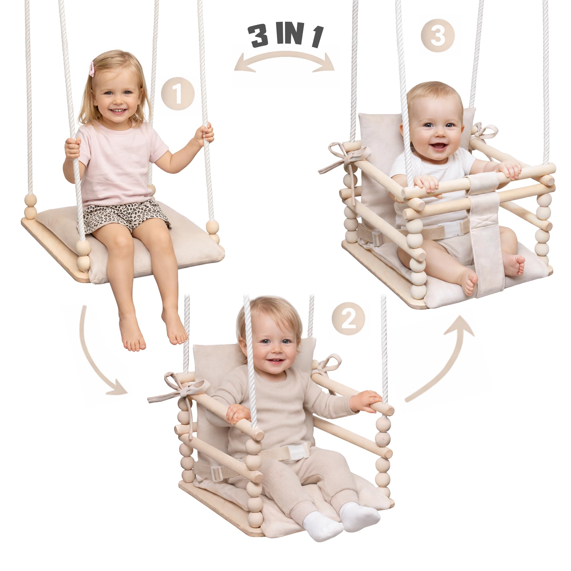 MAMOI® Huśtawka dziecięca 3 w 1 + PAS BEZPIECZEŃSTWA | Regulacja wysokości 190-260cm | Drewniana huśtawka dla dzieci | Wewnętrzna huśtawka dla dzieci do domu | CE | 100% ECO | Wyprodukowano w UE