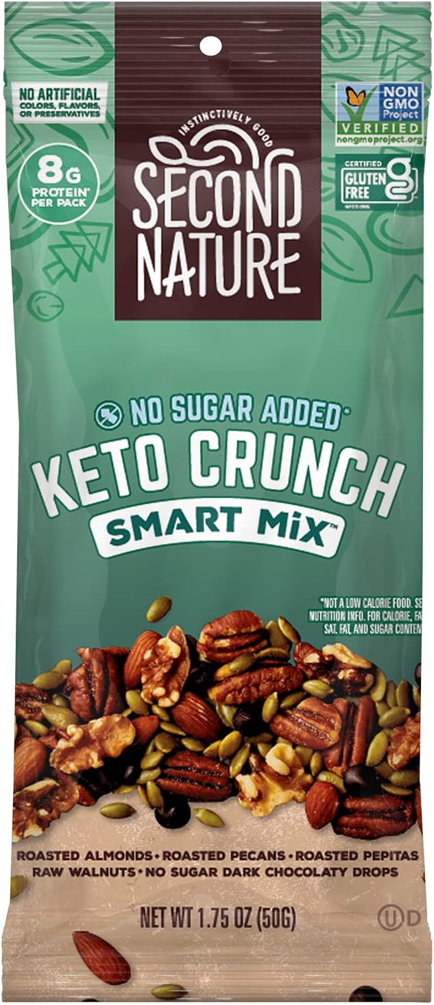 Second Nature Keto Crunch Smart Snack Mix, 1.75 oz Individual Packs (Pack of 12) - Keto Gluten Free Snack - No Sugar Added Dark Chocolaty Drops and Nut Trail Mix, Ideal for Travel