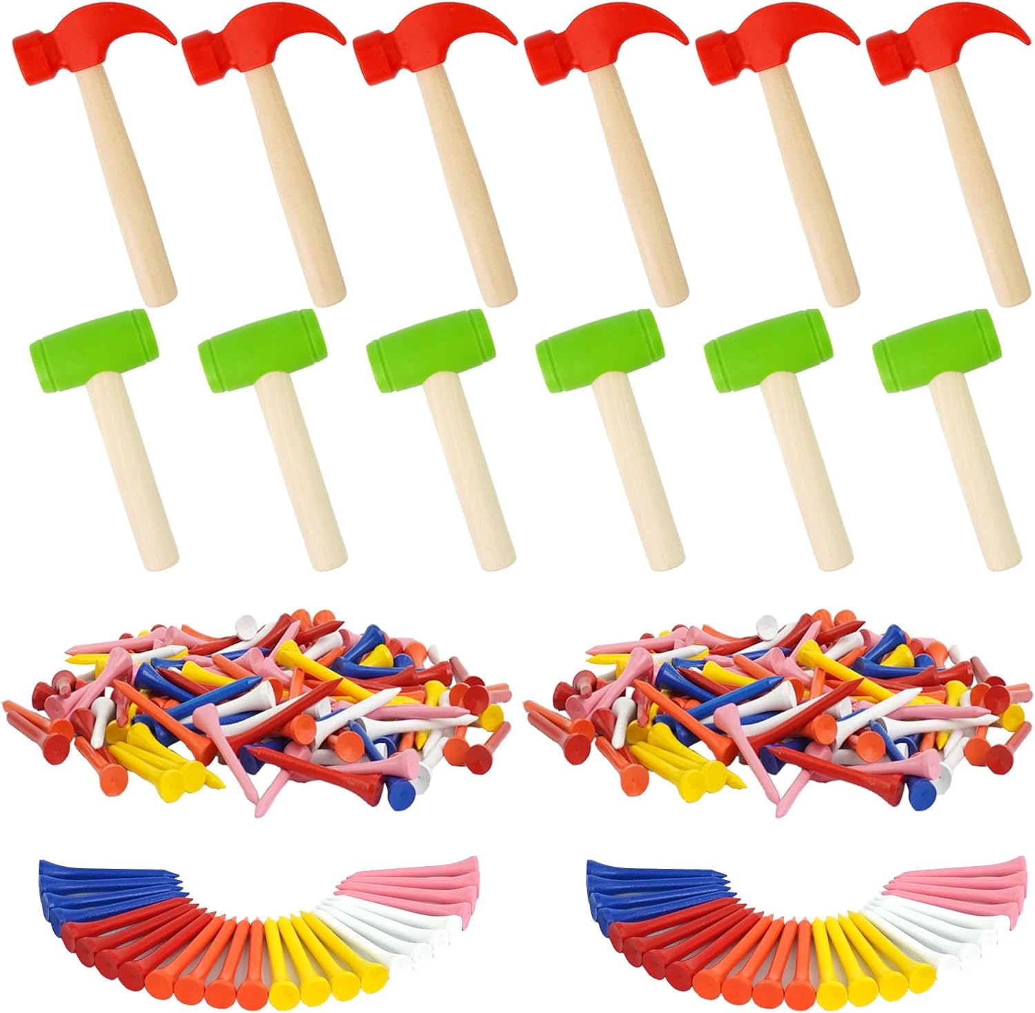 12 Pcs Kids Wooden Hammer Toy Small Simulation Hammers with 120 Pcs Colorful Wood Golf Tees Plastic Educational Toys for Children Birthday Party Gift(Red and Green)