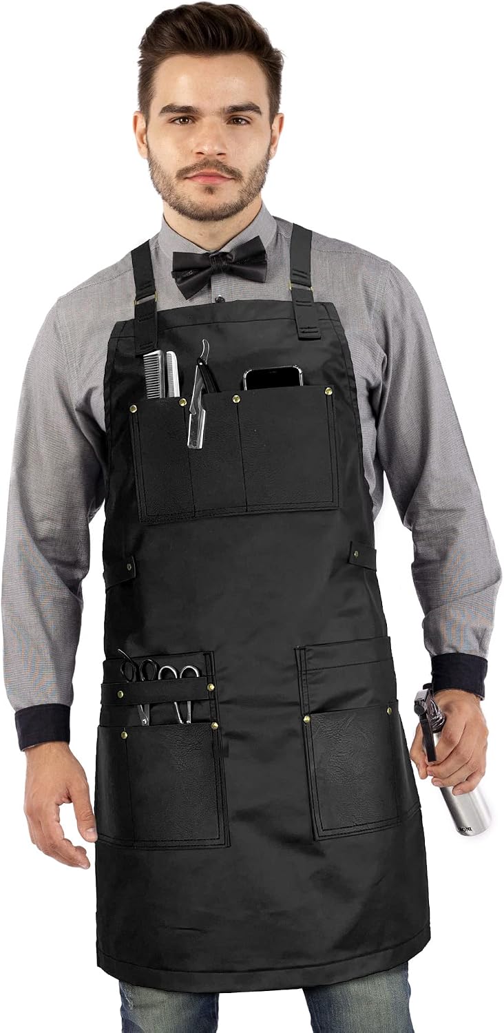 Under NY Sky Barber Black Apron - Leather Straps, Pockets, Reinforcements - Crossback - Coated Black Twill, Tool Pockets, Split-Leg – Adjustable for Men, Women – Barista, Bartender, Hairstylist, Salon