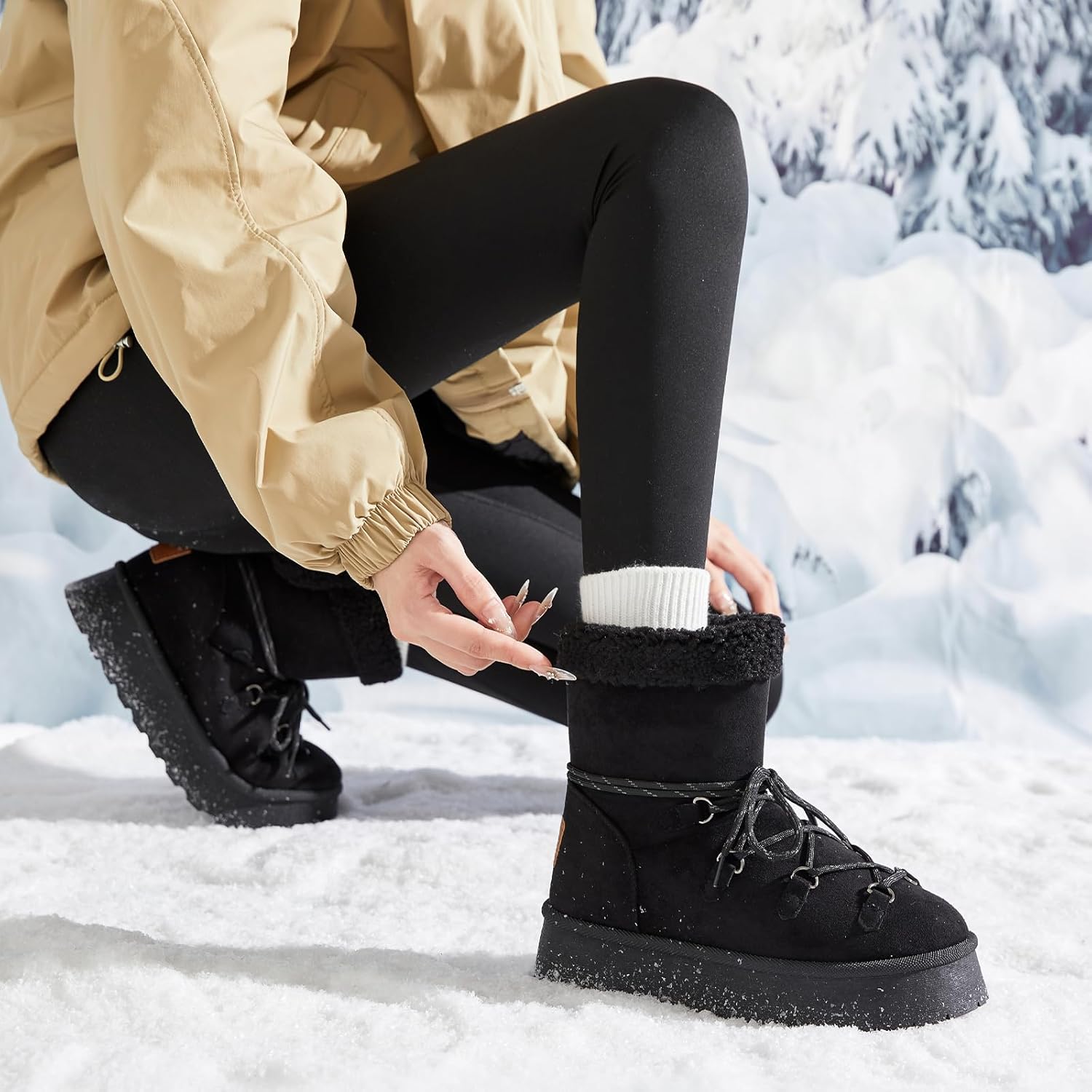 TUOPIN Women's Classic Platform Mini Snow Boots - Faux Suede Slip-On & Lace-Up Winter Booties with Sherpa Lining, Anti-Slip Thick Sole Ankle Boots - Image 2