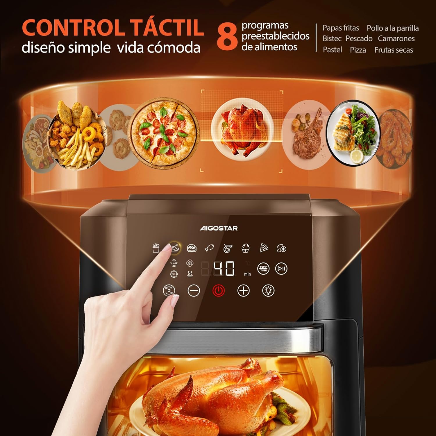 Aigostar 12L Air Fryer Oven control panel showing 8 preset food programs