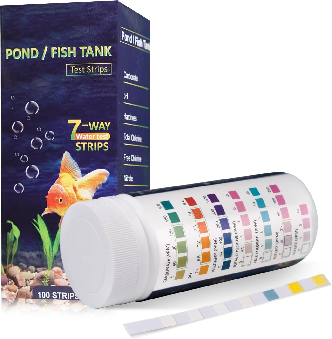 7 in 1 Aquarium Test Strips, 100 Strips Fish Tank Water Quality Test Freshwater Saltwater Test Kit for Test pH, Carbonate, Alkalinity, Hardness, Chlorine, Nitrite, Nitrate Aquarium Water Testing