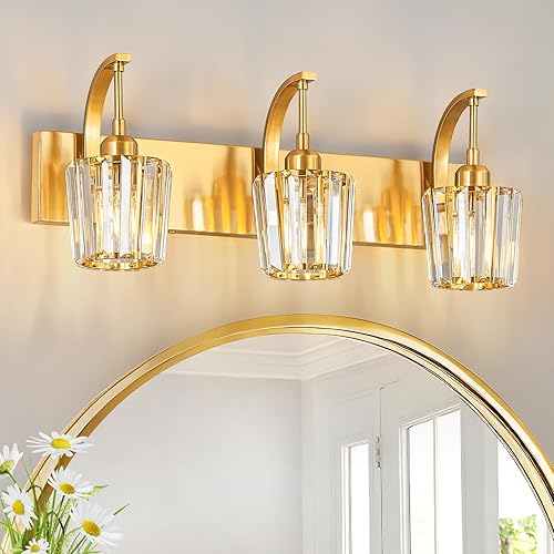 Miniatura 22 de Luces de tocador de cristal cromadas de 4 luces, modernas lámparas de baño de cristal sobre espejo de 32.67 pulgadas de largo para baño Cromo