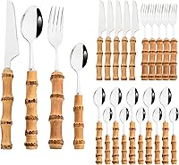 Vista 15 de Juego de 8 tenedores de ensalada de bambú natural, tenedor de postre para el hogar, boda, fiesta o restaurante, uso diario, acero inoxidable 304