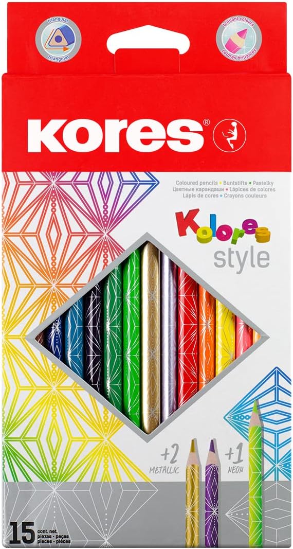 Kores - Kolores Style, 15 Triangular Shape Colouring Pencils - Coloured Pencils with Soft Lead, Triangular Shape - Back to School Supplies - Set of 15 Assorted in Carton Case