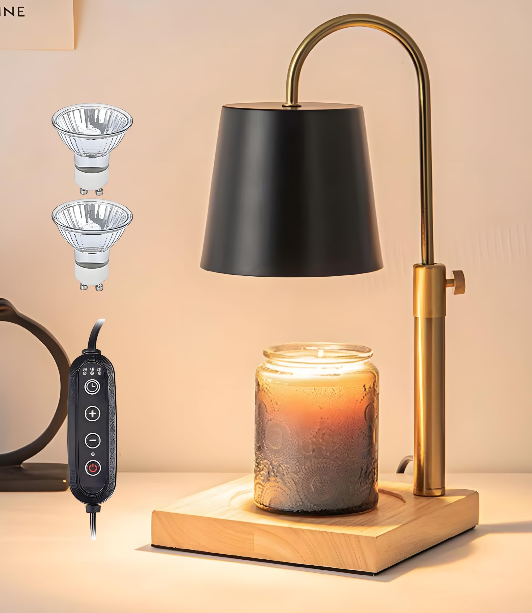 Kakdsoip Candle Warmer Lamp - Dimmable With Timer, 2 Bulbs, Top-Down Melter For Scented Candles, Metal & Wood Design