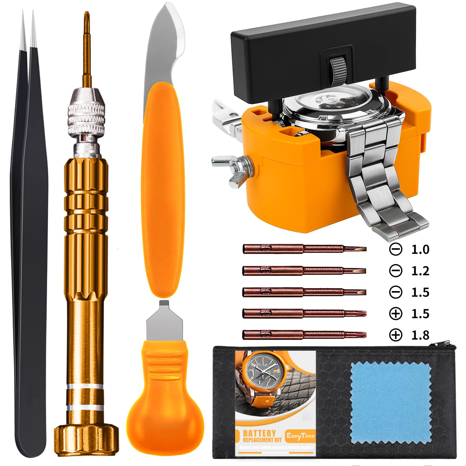 EasyTime Watch Case Opener Tool: Watch Battery Replacement Tool Kit for Back Removal and Maintainance with Adjustable Case Opener, Screwdriver, Tweezers, Opening Knives
