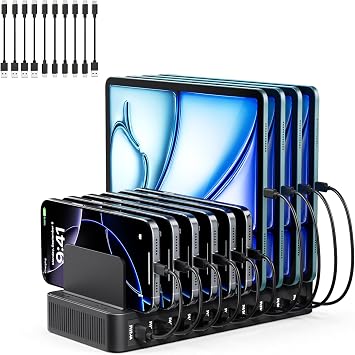 USB C Charging Station for Multiple Devices, 10-Port 100W Charging Dock, with Adjustable Dividers, USB-C Power Hub, Compatible with iPhone/Samsung/Google/Tablets/USB Devices with 10 Cables