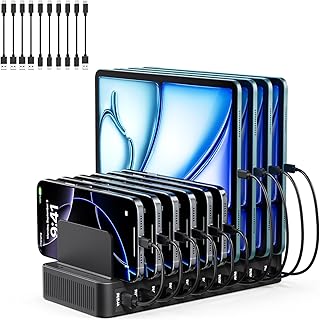 Stazione di carica USB C, Adattatore di Alimentazione per Caricabatteria da 10 porte 100W, con separatore rimovibile regolabile, compatibile con iPhone/Samsung/Google/Tablet(con 10 cavi di carica)