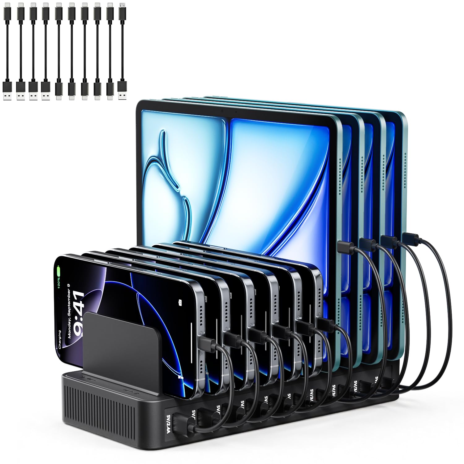 Chargeurs USB C Multiples, Adaptateur Secteur 100W 10 Port, avec séparateur Amovible réglable, Bloc d'alimentation USB-C, Compatible avec iPhone/Samsung/Google/Tablettes/USB Appareils.