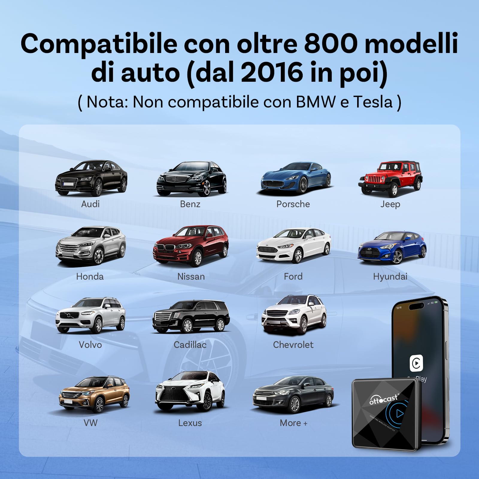 OTTOCAST U2Air Pro Adattatore CarPlay Wireless, Adattatore Bluetooth Apple CarPlay per iPhone, Plug & Play per auto CarPlay cablato OEM, WiFi Dual-Band, Aggiornamento online