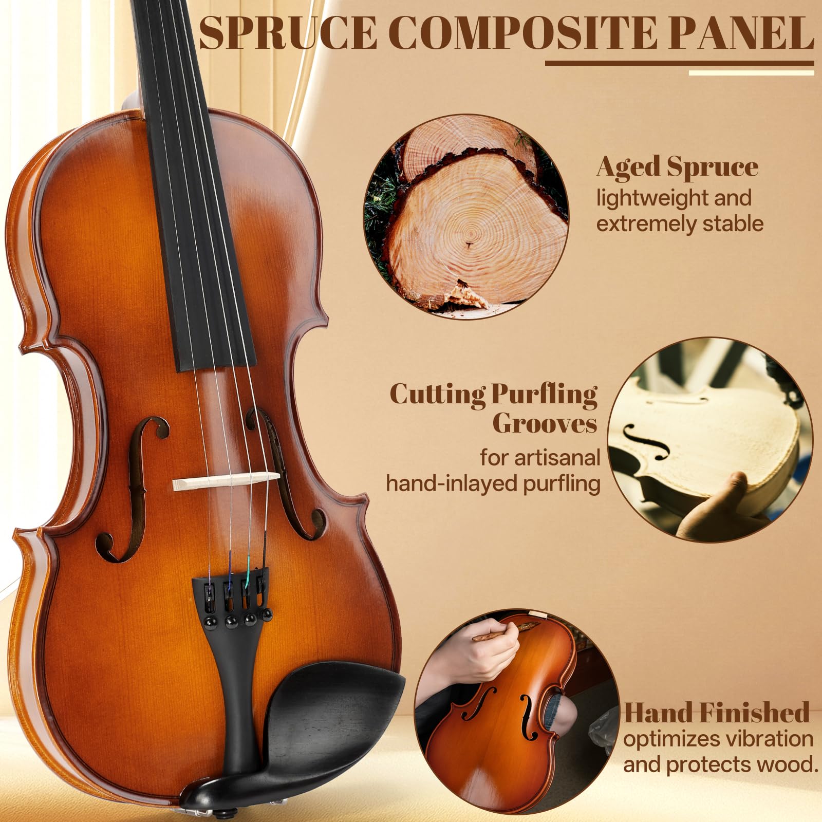 Kmise Linkshänder Violine 4/4 Full Size Set Ebenholz Violinen für Anfänger | Entwickelt für Linkshänder Spieler, satter Ton aus Fichte & Ahornholz, komplettes Anfänger-Set mit Koffer, Bogen & Zubehör