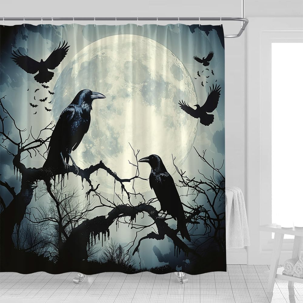 Halloween Raven Shower Curtain Goth Crow on Branch Tree Full Moon Misty Forest Horror Bat Gothic Watercolor Scary Animal Fabric Bathroom Decor Curtains with Hooks,70 x 90